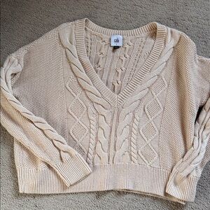 CAbi V-Neck Cable Knit Sweater - Beige